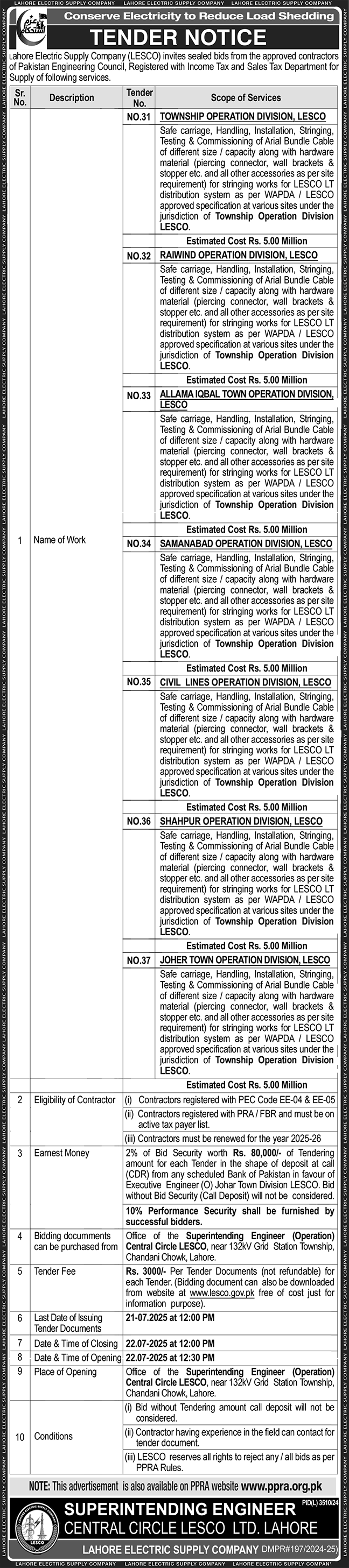 Lahore Electric Supply Company Lahore Tender Notice